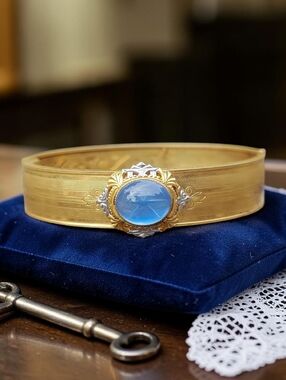 Rare Antique Blue Star Sapphire Glass Brass Hinged Bracelet